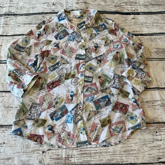 Chico's  Linen Stamp Travel Printed 3/4 Sleeve Blouse Size 1(M) - Picture 2 of 9